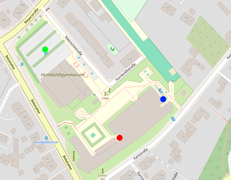 Lageplan mit markierten Parkplatz und Eing&auml;ngen